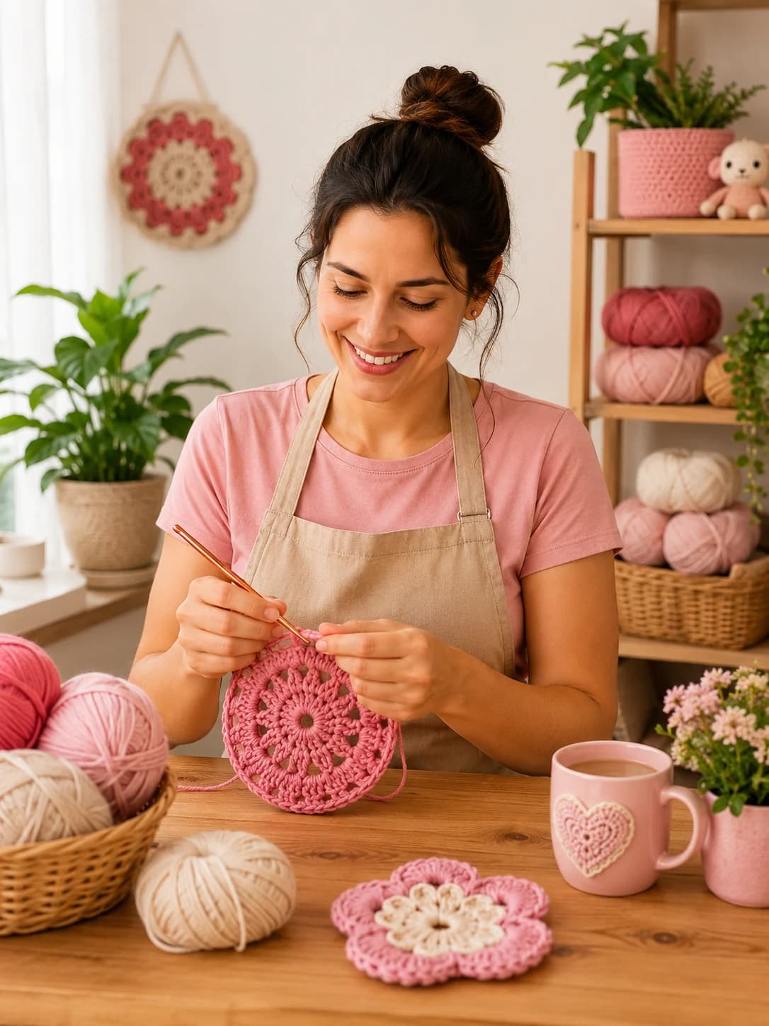 Artesã fazendo crochê em um ateliê organizado