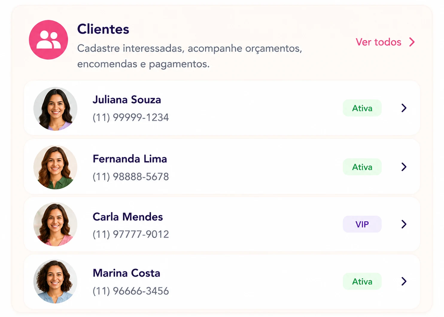 Prévia visual do recurso Clientes
