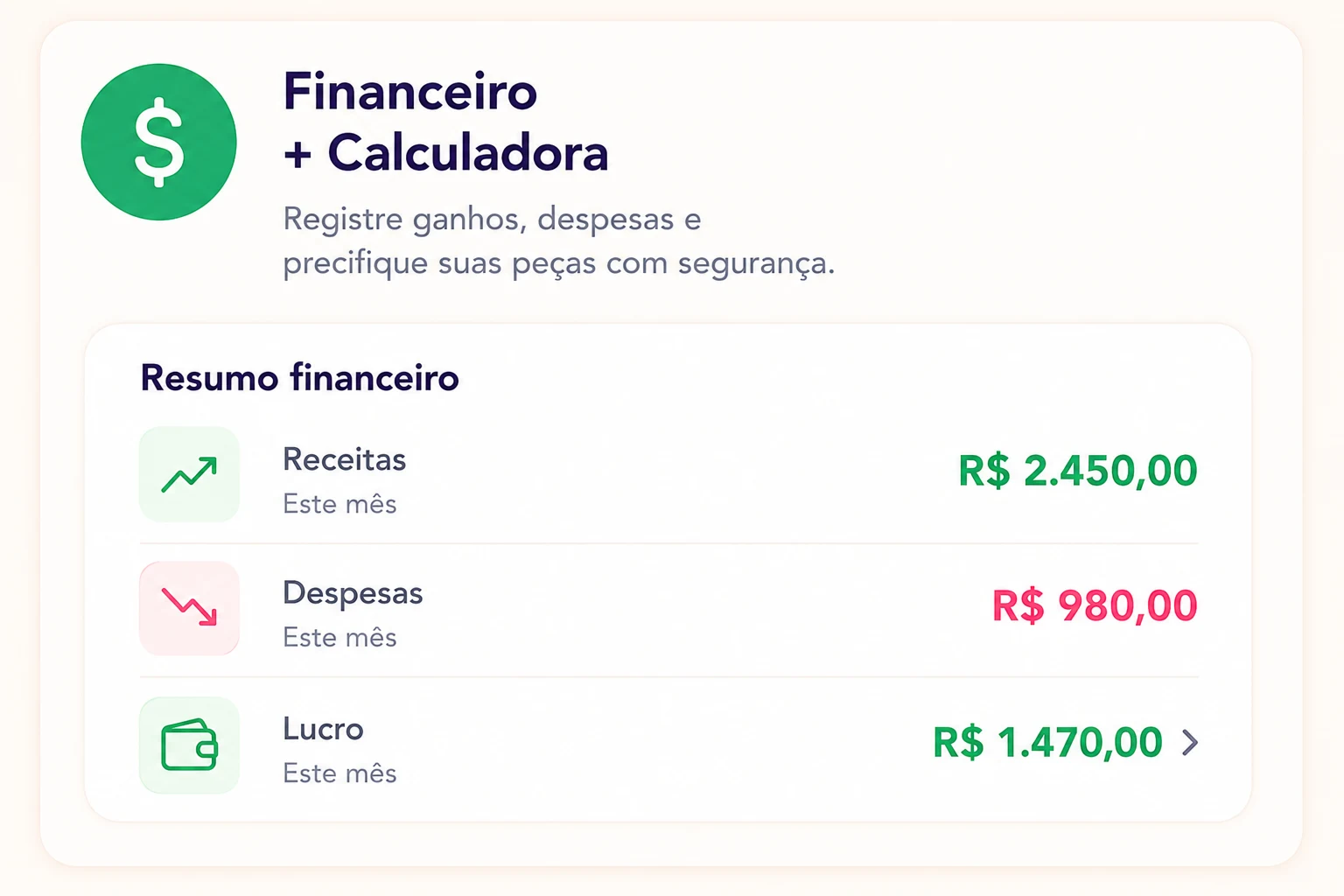 Prévia visual do recurso Financeiro + Calculadora